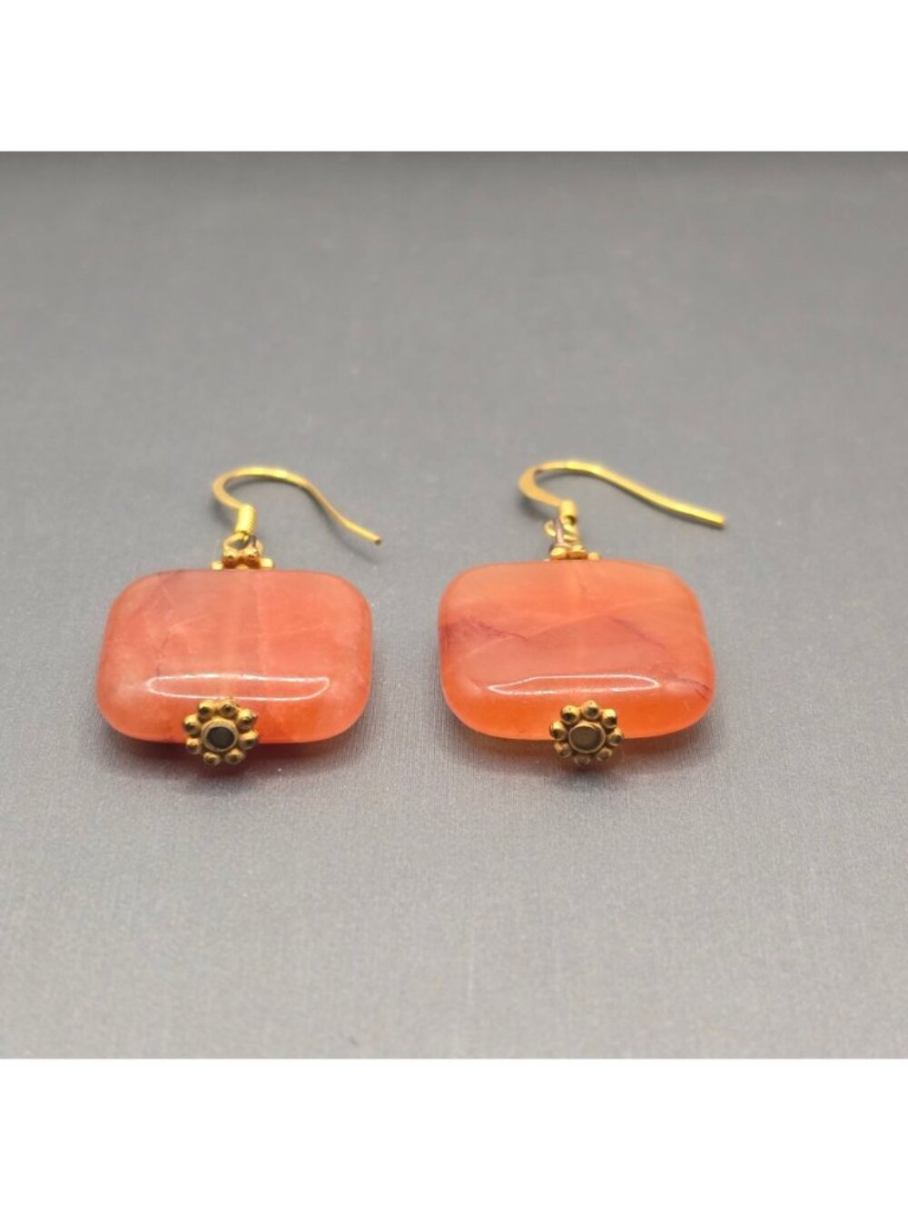 VTG Carnelian Dangle Earrings 1.75" Mixed Metal Floral Caps Bohemian Statement - Picture 8 of 13
